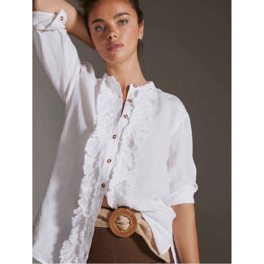 Anthropologie Pilcro Ruffled Placket Linen Blend Button Front Blouse White XSP